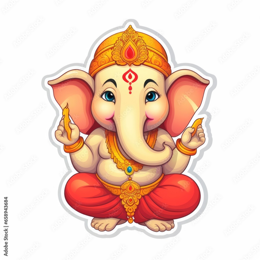 Naklejka premium A cartoon of Ganesha elephant sitting on the ground. Digital art.