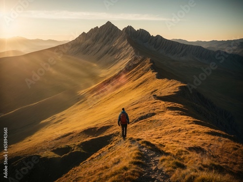 Solitary Hiker's Golden Hour Journey Across Windswept Mountain Ridge