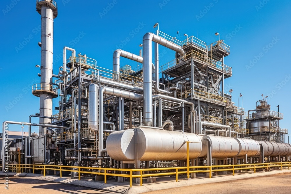Oil refinery plant at dusk, view of oil and gas petrochemical industrial. Network of steel pipelines at Refinery factory Oil refinery plant at dusk, view of oil and gas petrochemical industrial. Network of steel pipelines at Refinery factory