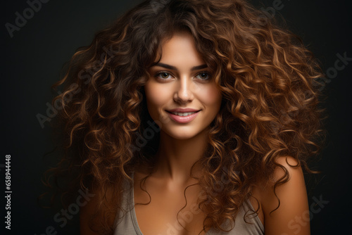 Woman with long curly hair smiling for the camera with smile on her face.