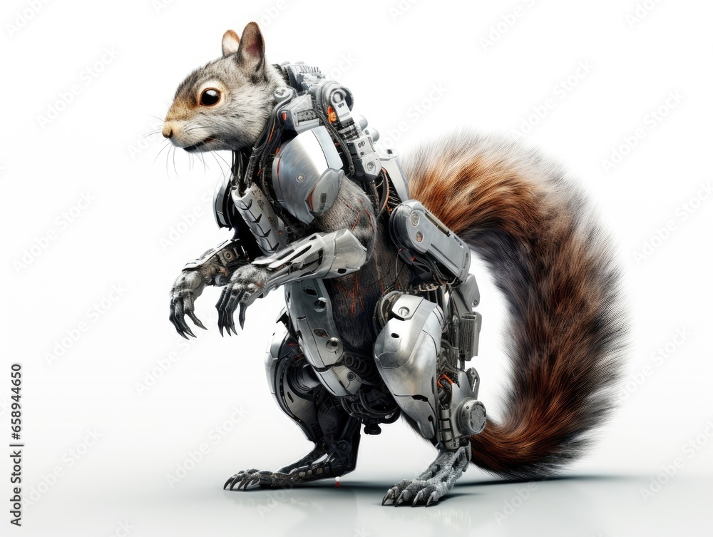 A frightening futuristic killer cyborg squirrel full body view isolated on white A frightening futuristic killer cyborg squirrel full body view isolated on white