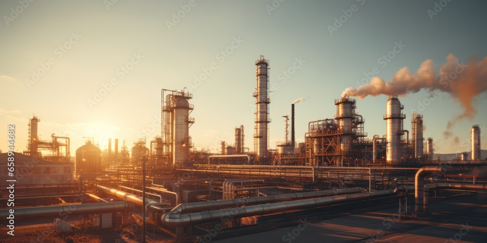 Oil refinery plant at dusk, view of oil and gas petrochemical industrial. Network of steel pipelines at Refinery factory