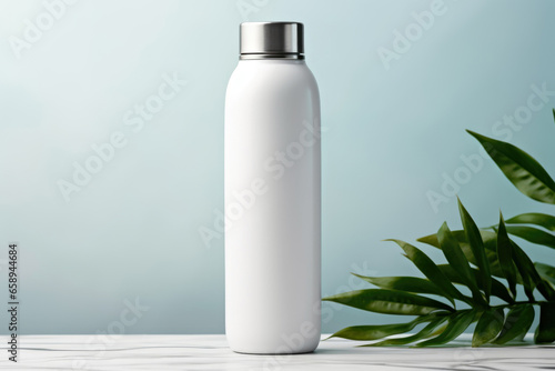 A white water bottle sitting on top of a table. Digital art. Body product mockup. photo