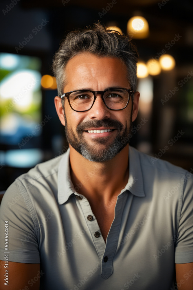 Man with glasses and beard smiling for the camera.