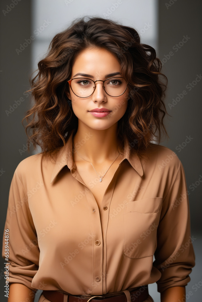 Woman wearing glasses and brown shirt is posing for picture.