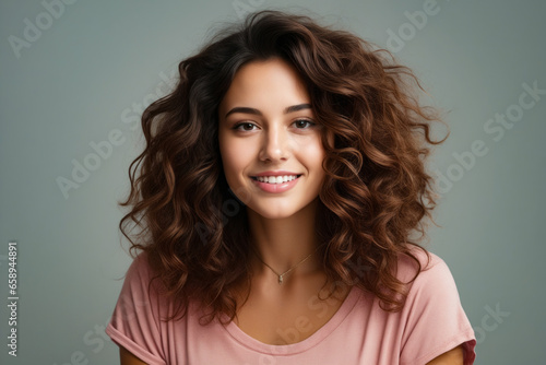 Woman with smile on her face and long curly hair.