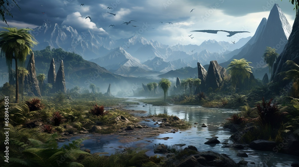 Dark fantasy prehistoric landscape with swamps and valleys in an ancient land