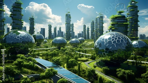 Futuristic solar sphere in green megacity on eco-friendly sci-fi landscape
