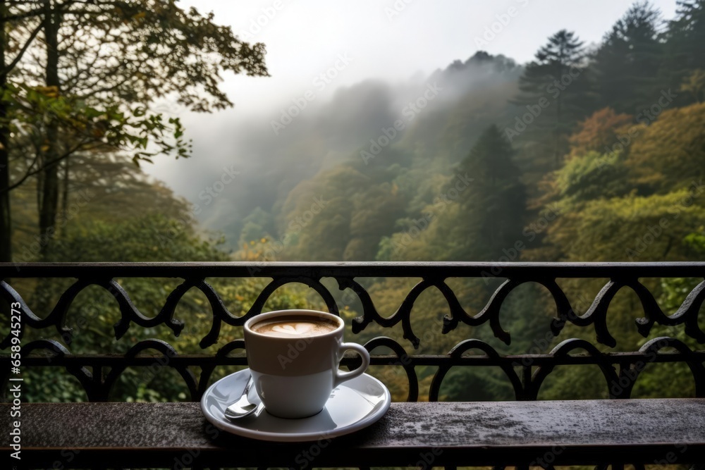 Fototapeta premium a view of a cup of coffee sat on a bancony railing