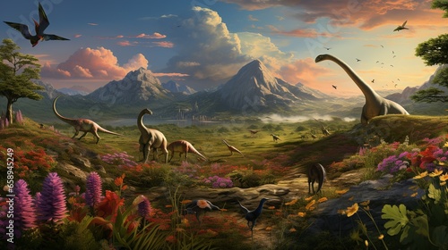 Prehistoric landscape of dinosaurs roaming the earth in an ancient valley © Nordiah