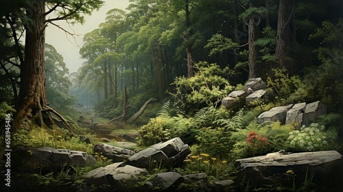 Ancient prehistoric deep forest with rivers and ferns and scale trees