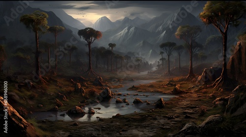 Dark prehistoric landscape with dinosaurs and mesosoic flora and fauna