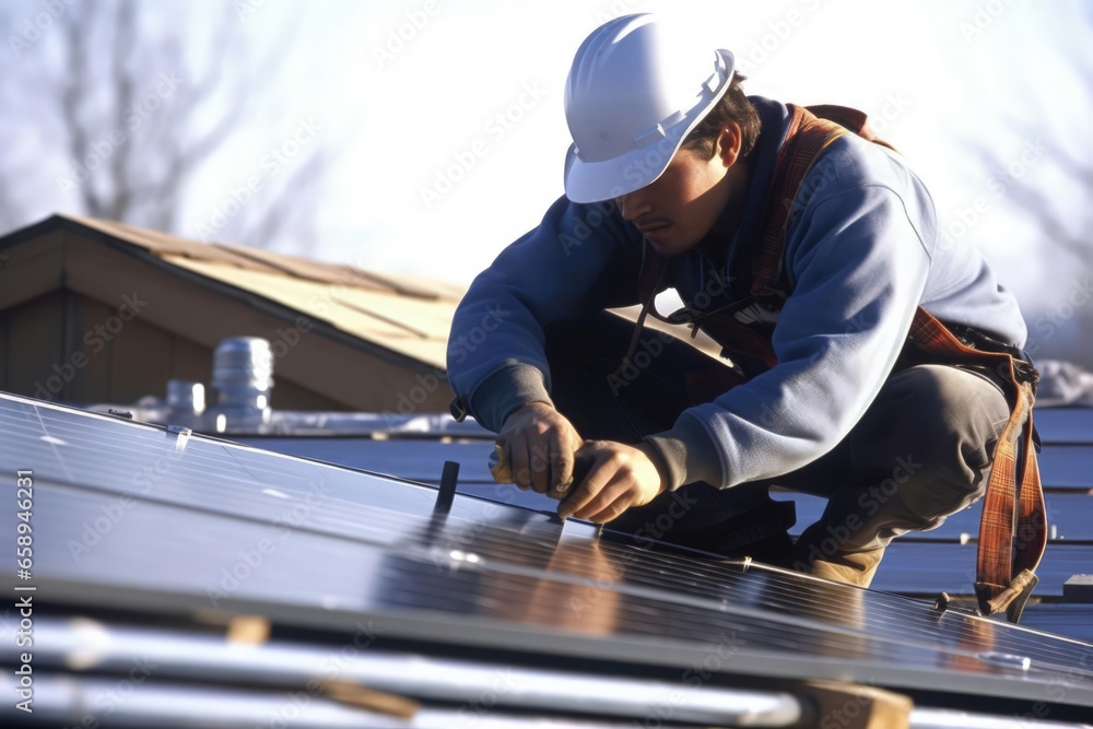 an engineer installing a solar panel on a roof an engineer installing a solar panel on a roof
