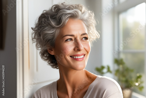 Woman with gray hair smiling at the camera with white smile.