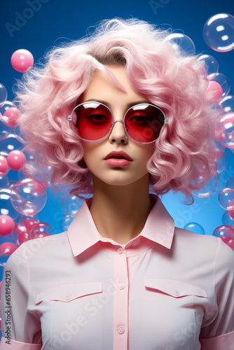 Woman with pink hair and red glasses in front of bubbles.