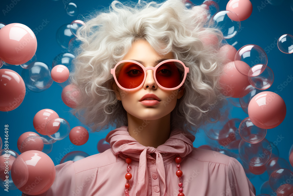 Woman with white hair and pink sunglasses with bubbles.