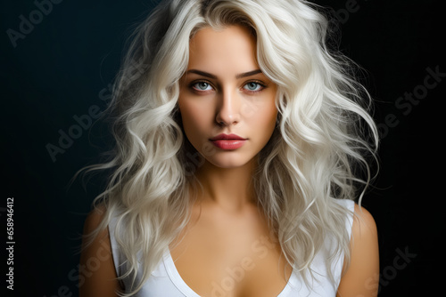 Woman with long white hair and blue eyes is posing for picture.