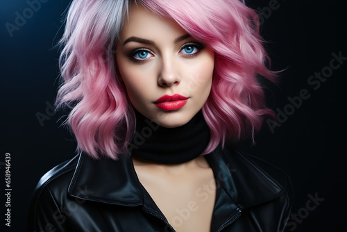 Woman with pink hair and black jacket on.