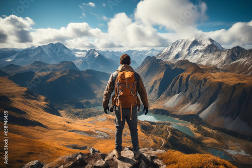 Man with backpack standing on mountain top.