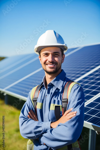Man in hard hat standing in front of solar panel.