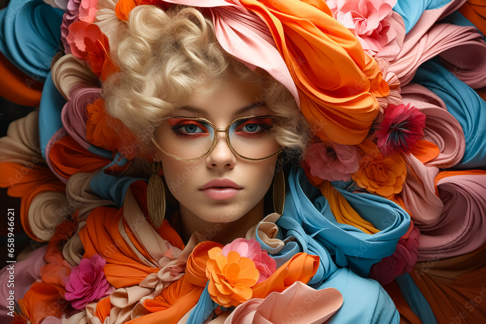 Woman with glasses and flowered hat on.