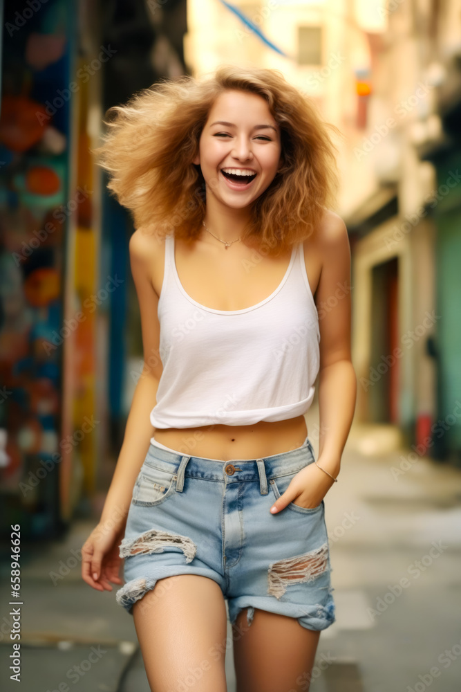 Woman with smile on her face and hair.