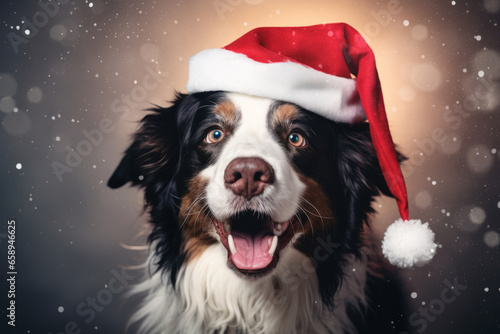 Cheerful dog is sitting in Santa Claus hat. Generative AI © barmaleeva