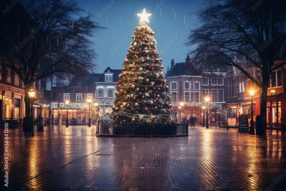 Cinematic photograph of Huge christmas tree in village square