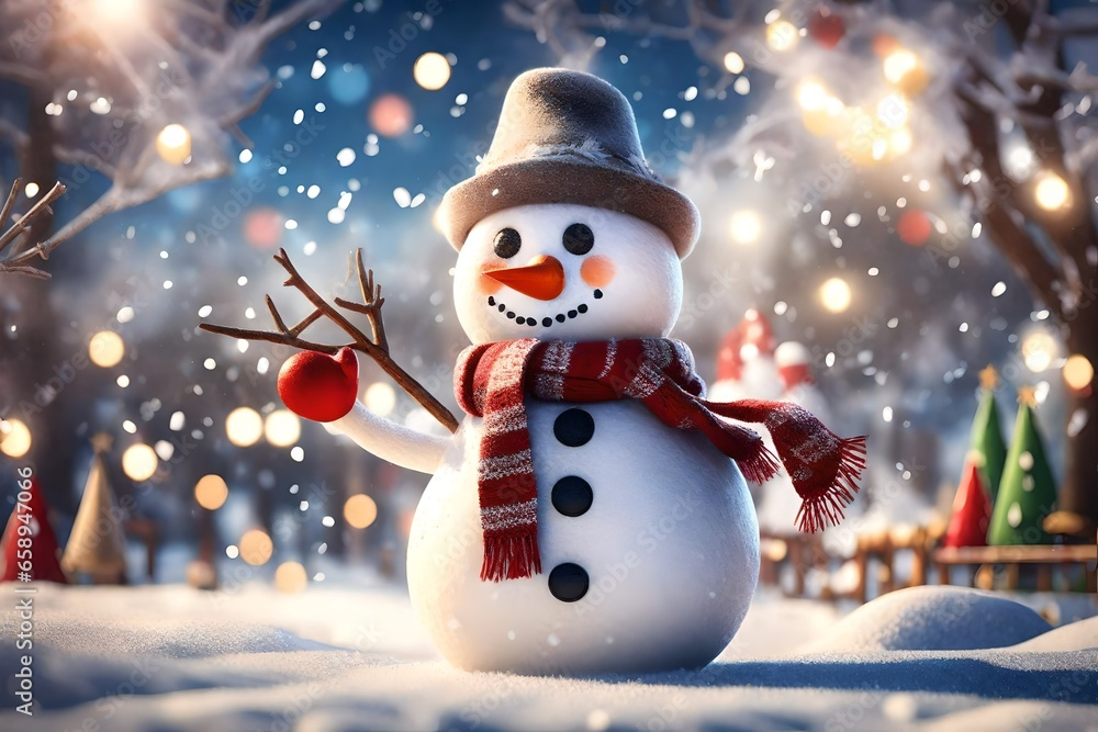 Immerse yourself in a 3D-rendered winter park adorned with enchanting Christmas decorations. A cute and cheerful snowman takes center stage,