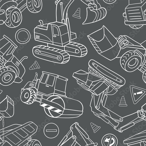 Hand drawn construction trucks and bulldozers seamless vector pattern. Perfect for textile, wallpaper or nursery print design.
