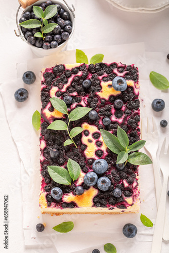 Sweet blueberry cheesecake with berries and powdered sugar.