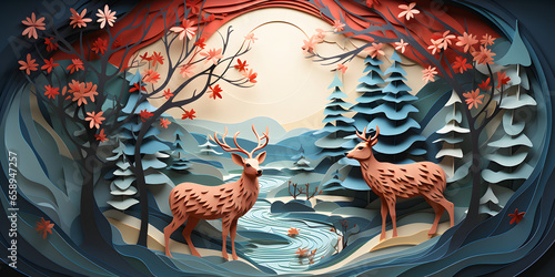 Two deer in the forest. Paper cut style. 3d illustration. ia generated