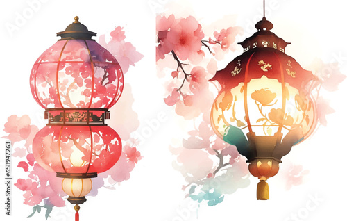 set of chinese lantern in watercolor