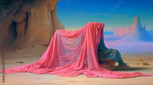 Veiled Landscapes  Vivid sceneries obscured by sheer drapes  hinting at society   s tendency to overlook pressing issues