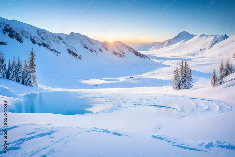 Obraz premium Snow covered hills in winter mountains. Arctic landscape. Colorful outdoor scene, Happy New Year celebration concept.