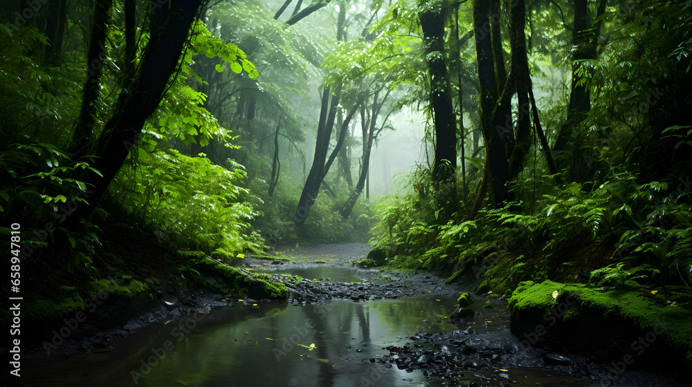 Obraz premium Imagine a verdant, lush forest, bathed in the gentle touch of rain. The canopy, dense with vibrant green leaves, drips with fresh raindrops that glisten as they fall. 