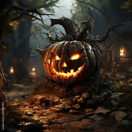 An orange jack o lantern shivers and chills in the forest © Mstluna