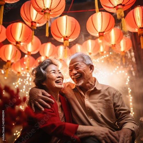 An old chinese couple celebrating Chinese New Year happily.