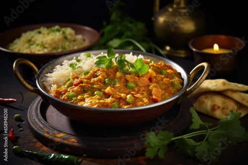 delicious and spicy indian curry with fragrant rice