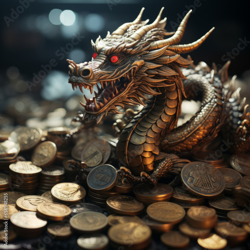 Golden dragon surrounded with golden coins. Wealth and abundance concept.