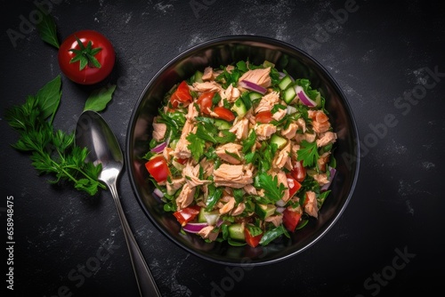 Tuna salad in a bowl on a dark background
