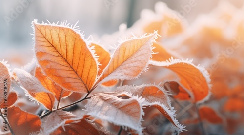 Orange beech leaves covered with frost in late fall or early winter. © Lubos Chlubny