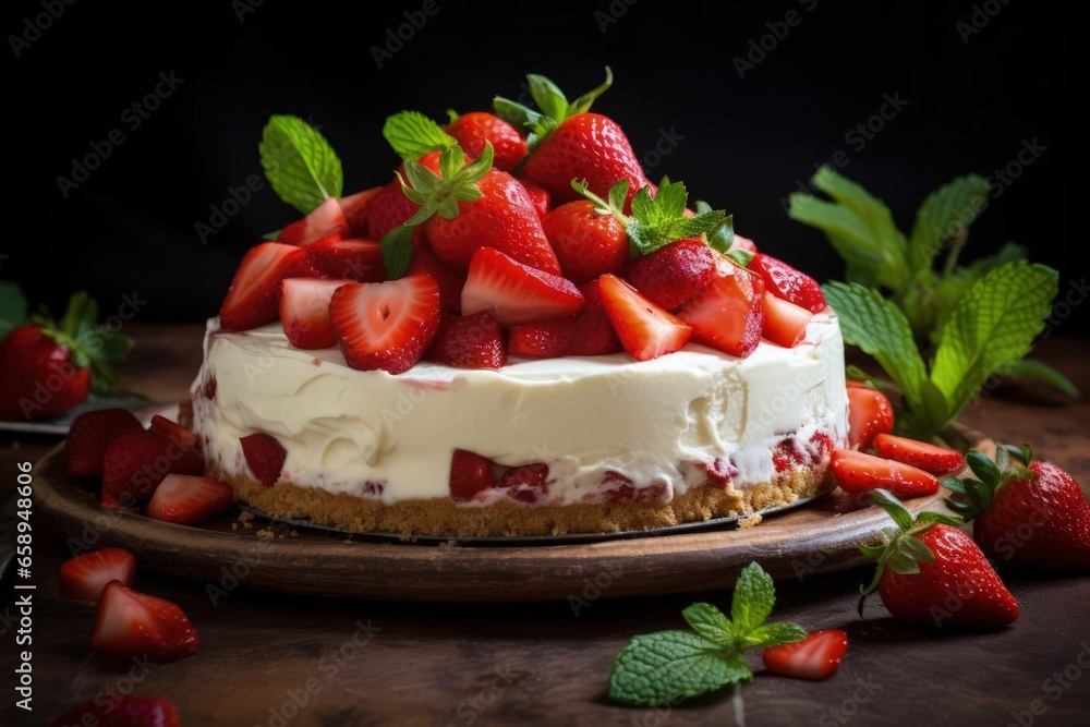 delicious cheesecake with strawberries on top delicious cheesecake with strawberries on top