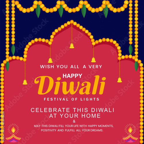 Happy Diwali festival of lights wishes template design with decorative Diya lamp floral garland vector illustration.
