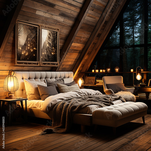 Interior design, bedroom in the attic entirely surfaced in wood with view on the forest, charming place for romantic moments at candlelight
