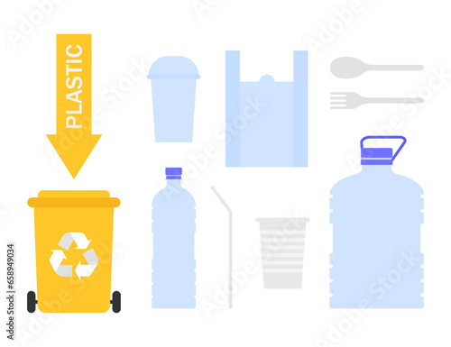 The concept of triage. Sorting plastic into a plastic container. Vector illustration
