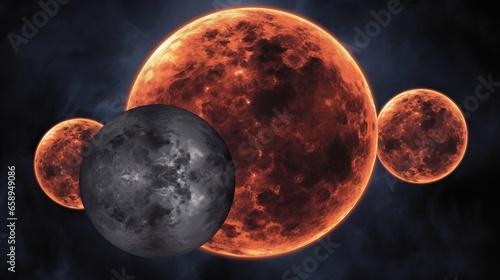Eclipsed Suns: Multiple suns being obscured by dark moons, symbolizing society’s ignorance overshadowing multiple truths