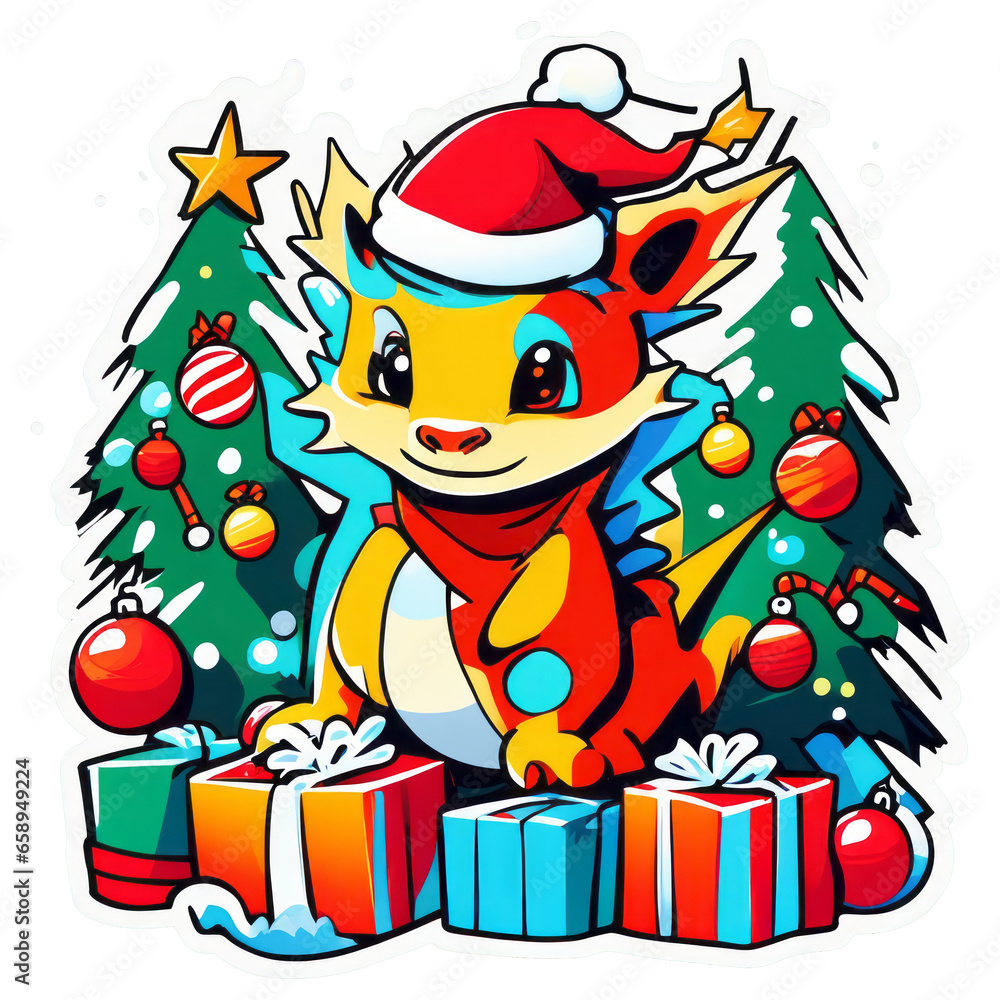 Naklejka premium Cute dragon wearing a Santa hat surrounded by gifts And the Christmas tree is playing with toys.