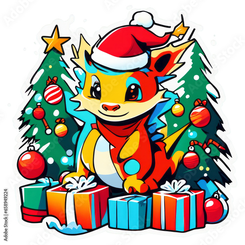 Cute dragon wearing a Santa hat surrounded by gifts And the Christmas tree is playing with toys.