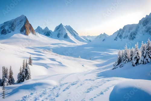 Snow covered hills in winter mountains. Arctic landscape. Colorful outdoor scene  Happy New Year celebration concept.